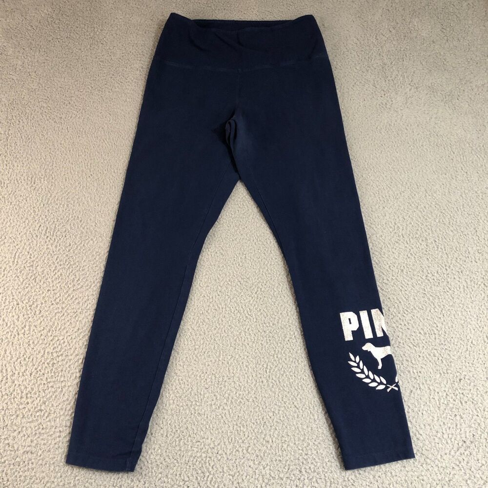Victoria Secret PINK Leggings Large Blue Spell Out Logo Yoga Workout Stretch